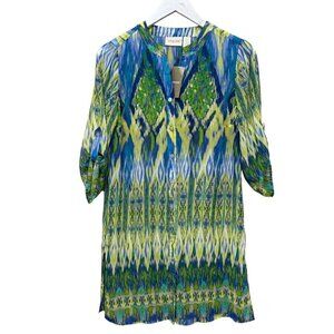 CHICO'S Ikat Breeze Top Small Petite (Chicos0) Sheer Tunic Boho Green Print NWT